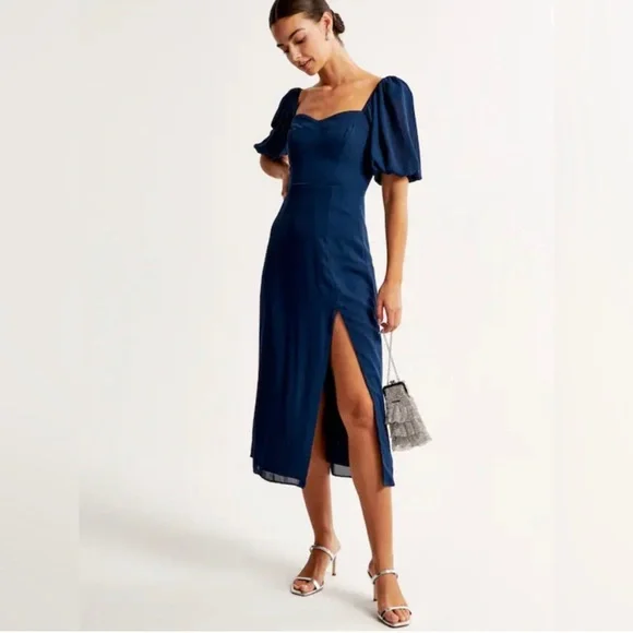 Abercrombie & Fitch Navy Blue Camille Sheer Puff Sleeve MIDI Dress- S - Picture 1 of 10